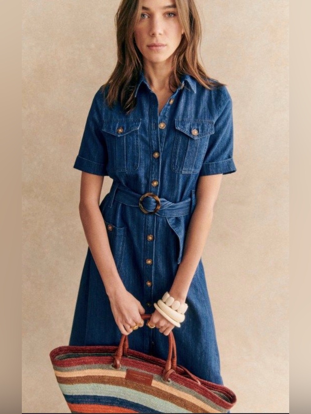 Sézane Raquel Dark Blue Denim Shirt Dress with Belt, size 44 (US 14)